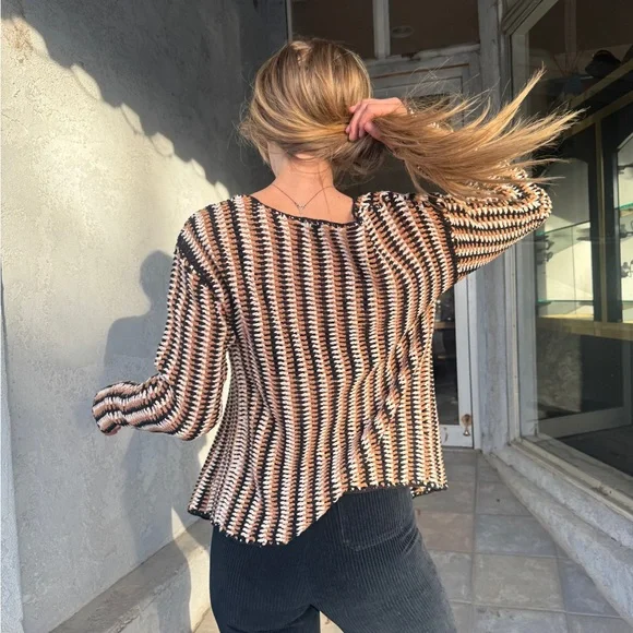 Y2K Osis Studio Striped Open Front Cardigan Black Tan Cream Cotton Blend - Picture 4 of 7